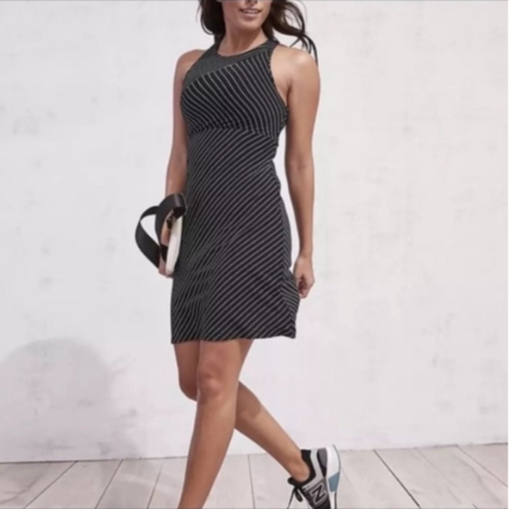 Athleta Santorini High Neck Mix Stripe Black Athletic Dress